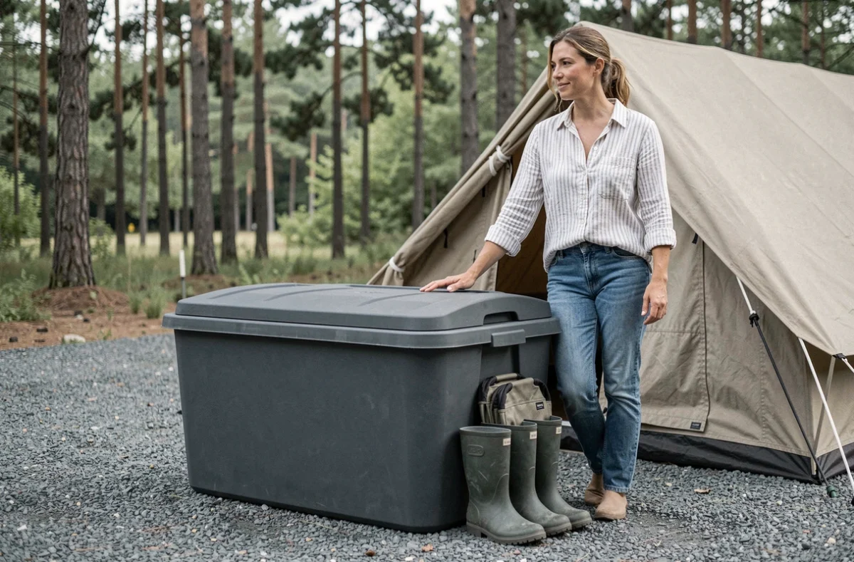 Femme debout à côté d'un coffre de rangement extérieur gris en résine posé sur un terrain de camping en gravier, avec des bottes et des chaises de camping appuyées contre le coffre