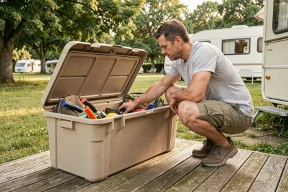 Homme rangeant des outils de jardin dans un grand coffre de rangement extérieur en plastique beige posé sur une terrasse en bois devant un mobil-home