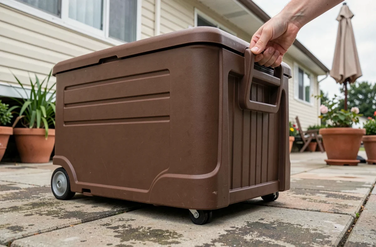 Gros plan sur les roulettes et la poignée d'un coffre de rangement extérieur en polypropylène brun en cours de déplacement sur une terrasse en béton près d'un mobil-home