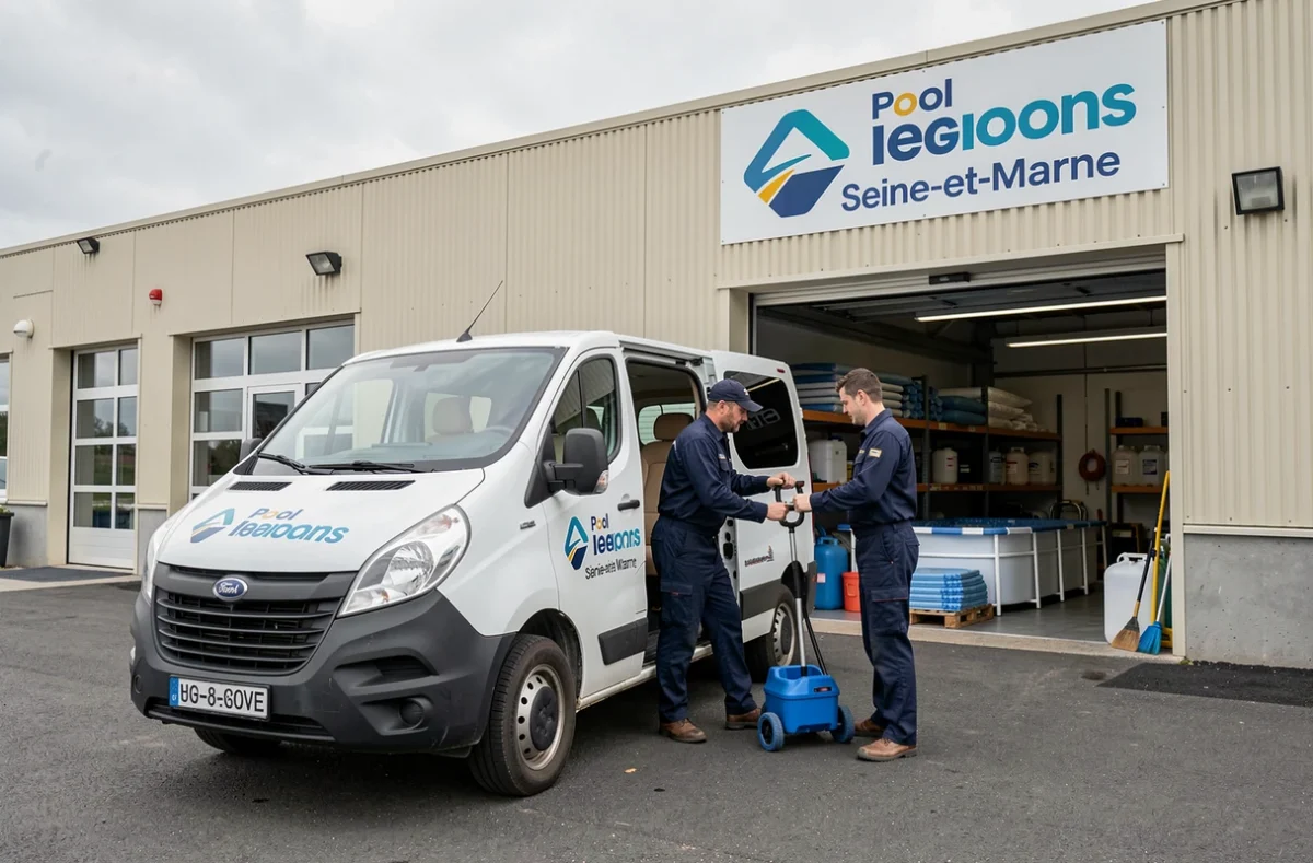 Équipe de techniciens Compao Piscines chargeant du matériel dans un véhicule de service en Seine-et-Marne