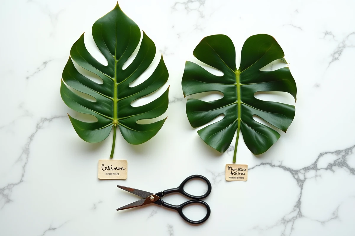 Comparaison côte à côte d'une feuille de Ceriman entière et d'une feuille fenêtrée de Monstera deliciosa sur marbre blanc