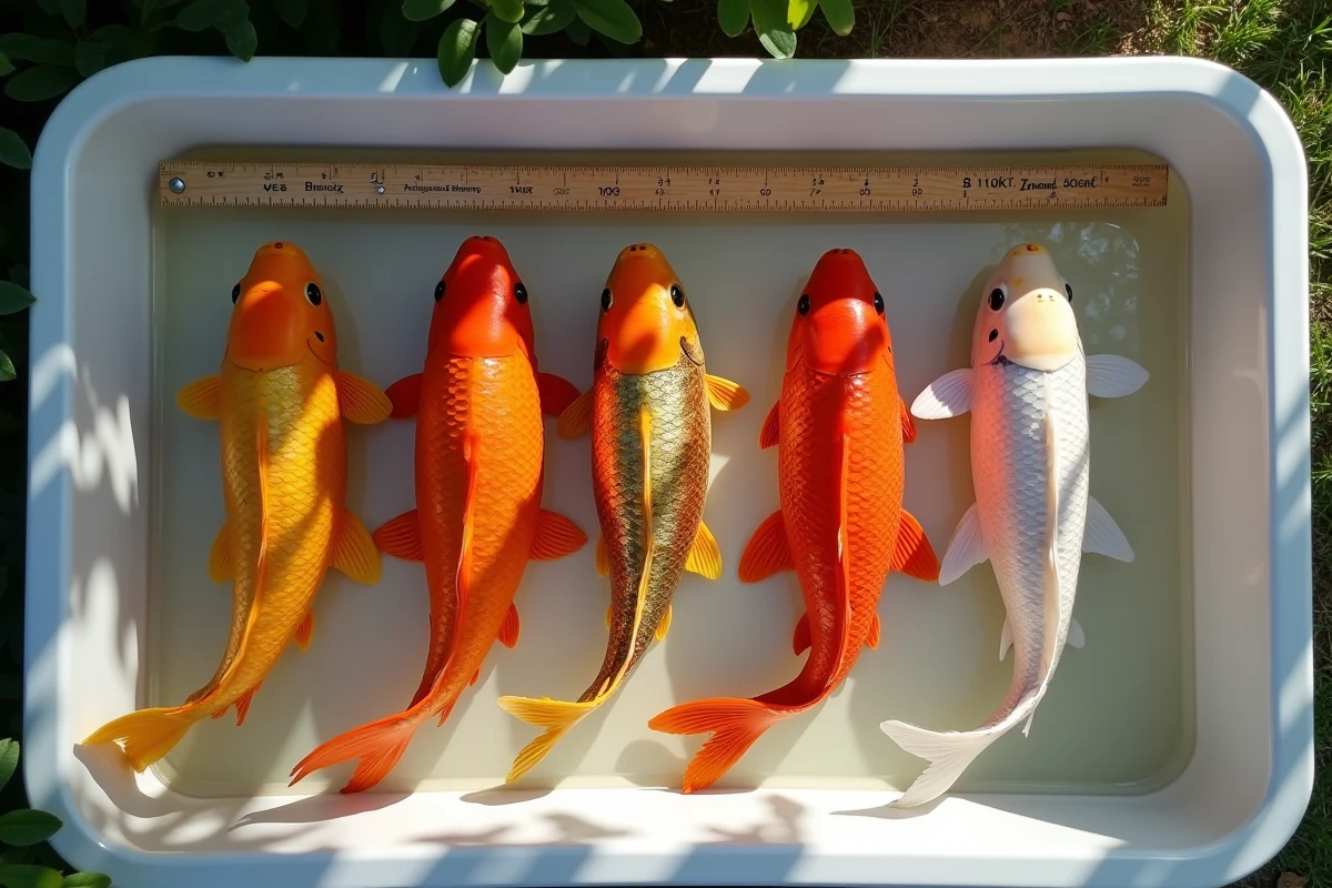 Trois carpes koï de tailles différentes mesurées dans un plateau blanc avec une règle en bois illustrant le prix au centimètre
