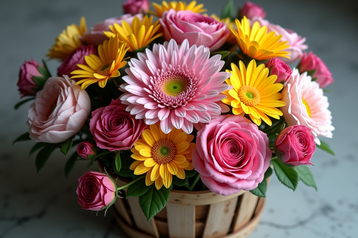 Arrangement floral dans panier en bois avec fleurs D variées