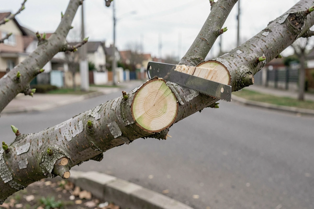 Gros plan sur des branches de mûrier fraîchement taillées au bord d'une route urbaine, coupe nette réalisée pour sécuriser la circulation