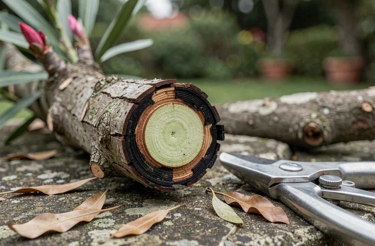 Gros plan d'une coupe sur un rameau de laurier rose gelé montrant le bois mort et le cœur sain