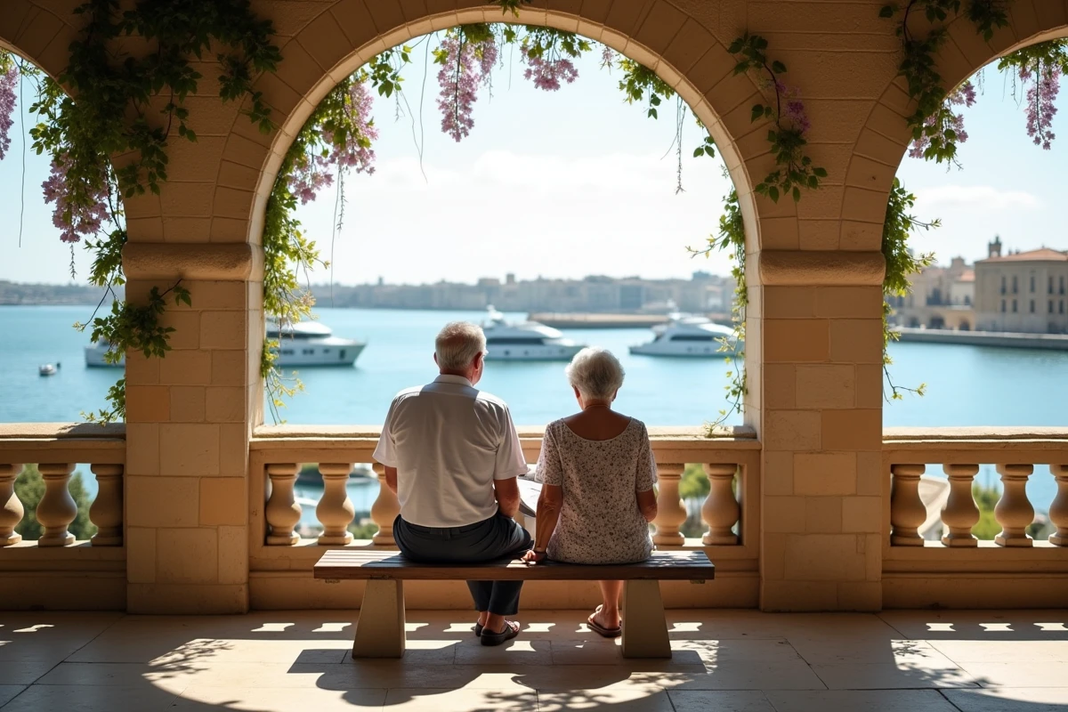 Couple maltais assis sous l'arcade des jardins de Barrakka contemplant le panorama du Grand Harbour