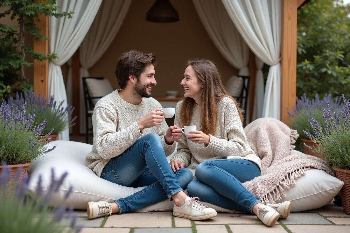 Jeune couple partageant un thé dans un jardin accueillant