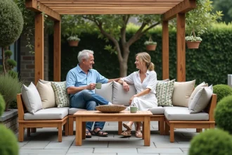 Couple souriant sur canapé en bois dans le jardin