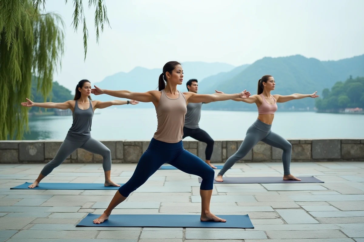 Groupe de personnes pratiquant le yoga en plein air sur une terrasse avec vue sur le lac d'Annecy
