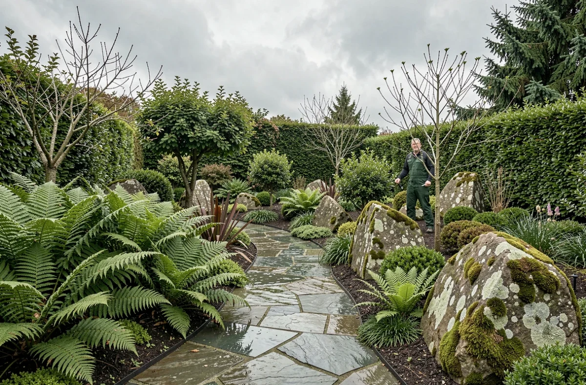Jardin de style Argoët avec fougères, rochers en granit moussus et végétation forestière bretonne aménagés par De L'Argoët paysagiste