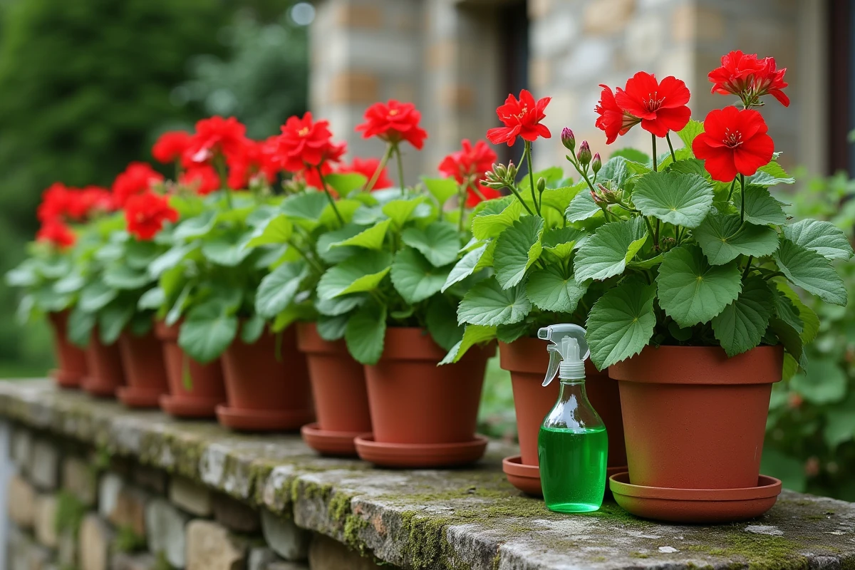 Pots de géraniums endommagés par des chenilles sur un mur de jardin en pierre avec un spray de traitement naturel