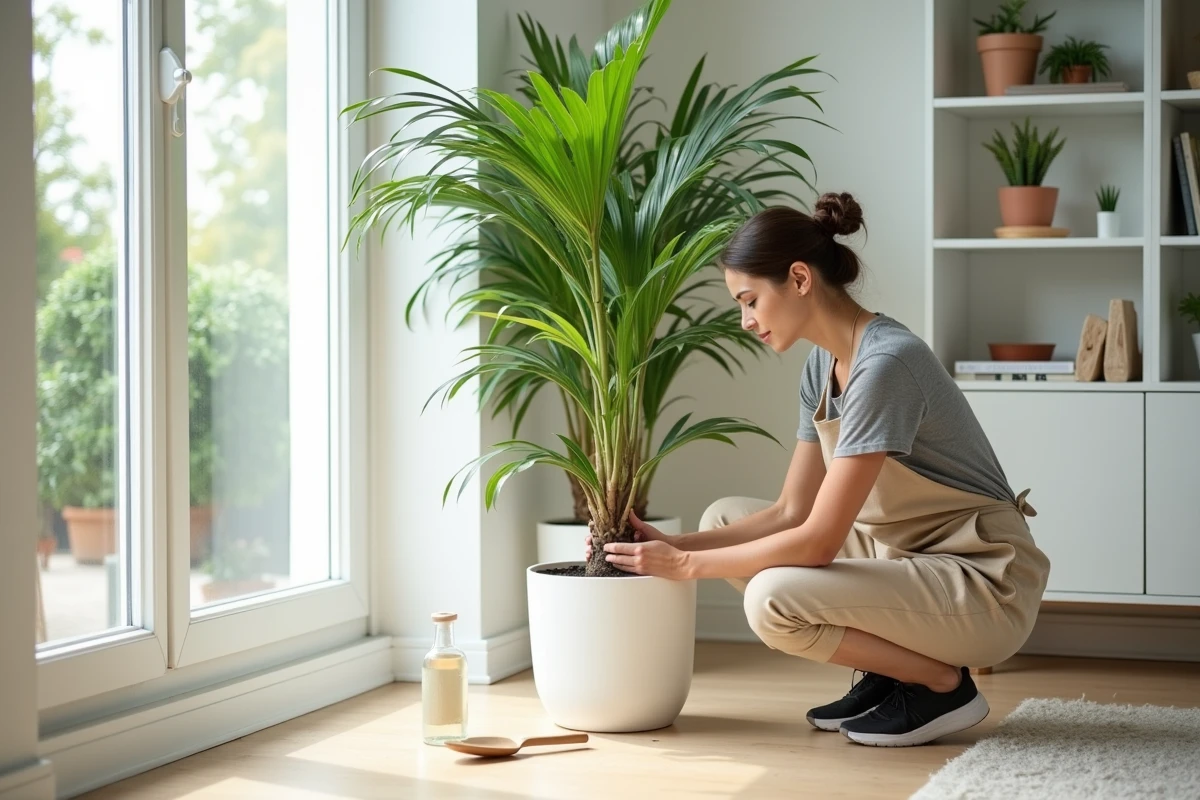 Femme inspectant la base d'un palmier areca en pot près d'une fenêtre pour diagnostiquer le jaunissement des feuilles
