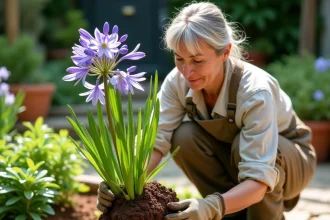 Jardinière divisant une touffe d'agapanthe à mains nues dans un jardin en plein air