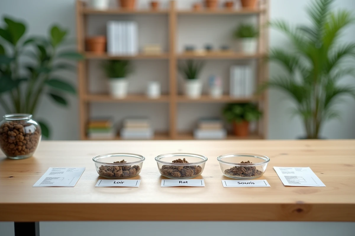 Échantillons de déjections de rongeurs sur une table de laboratoire