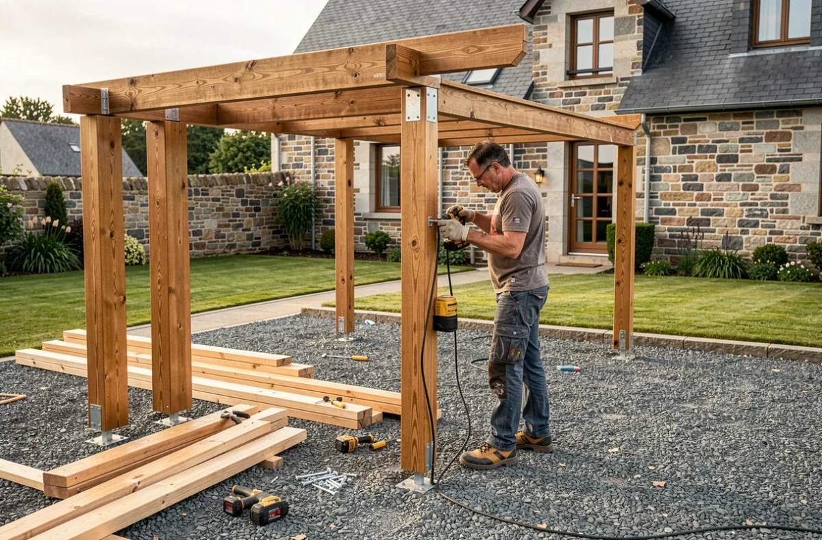 Pose d'un carport en bois par un artisan dans une propriété résidentielle à Bégard, Côtes-d'Armor