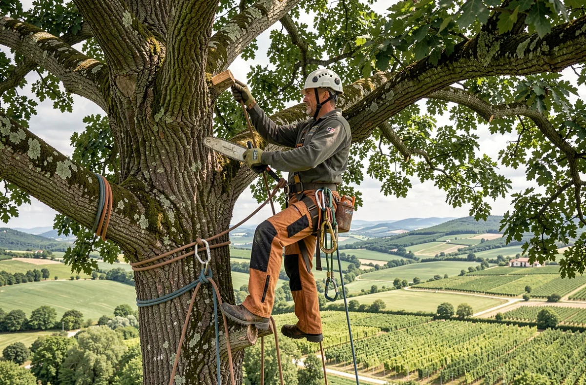 Arboriste d'Elag and Co Douriez en train d'élaguer un grand chêne en hauteur dans la campagne drômoise