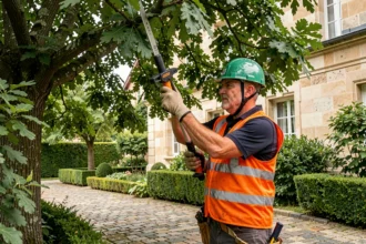 Élagueur professionnel avec casque et équipement de sécurité taillant un grand arbre dans un jardin résidentiel français