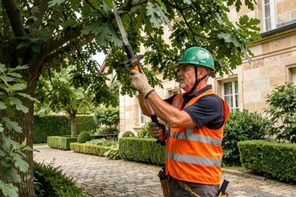 Élagueur professionnel avec casque et équipement de sécurité taillant un grand arbre dans un jardin résidentiel français