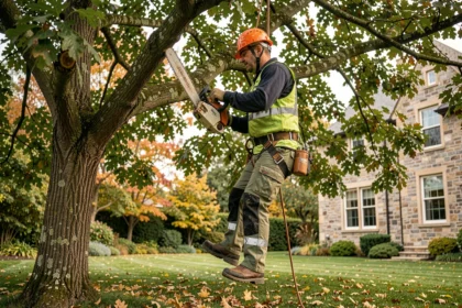 Élagueur professionnel sécurisé dans un grand chêne réalisant une taille de branches avec une tronçonneuse dans un jardin résidentiel en automne