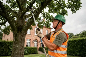 Élagueur professionnel taillant les branches d'un grand chêne dans un jardin résidentiel du Nord de la France