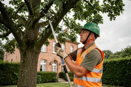 Élagueur professionnel taillant les branches d'un grand chêne dans un jardin résidentiel du Nord de la France