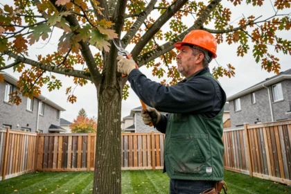 Élagueur professionnel taillant les branches d'un grand chêne dans un jardin résidentiel à Laval