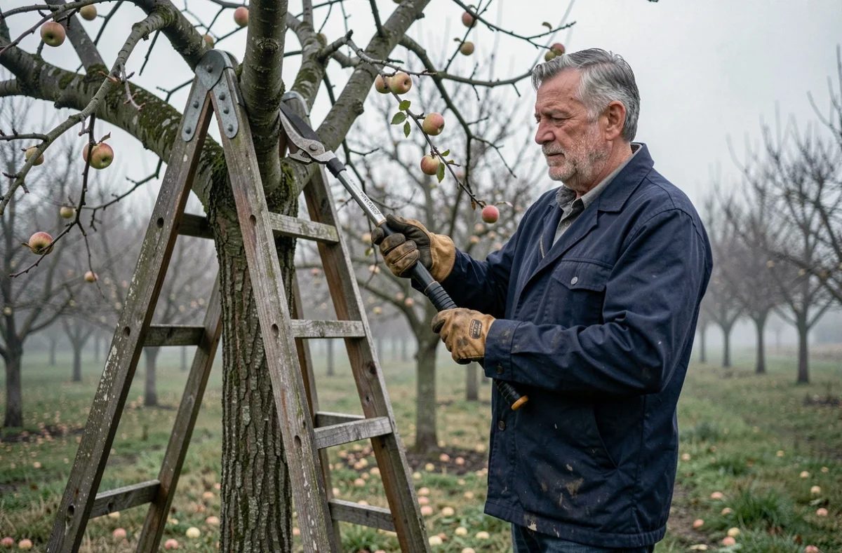Élagueur expérimenté sur une échelle en train de tailler un arbre fruitier dans un verger rural avec des cisailles professionnelles