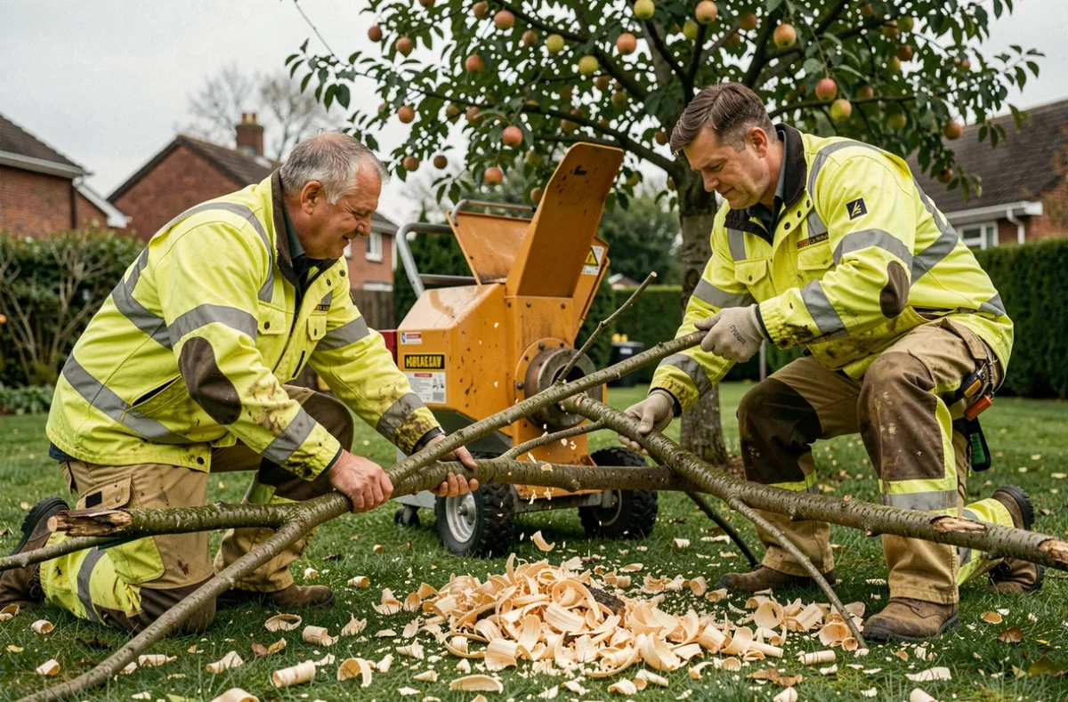 Deux élagueurs professionnels utilisant un broyeur de branches dans un jardin résidentiel après une opération d'élagage