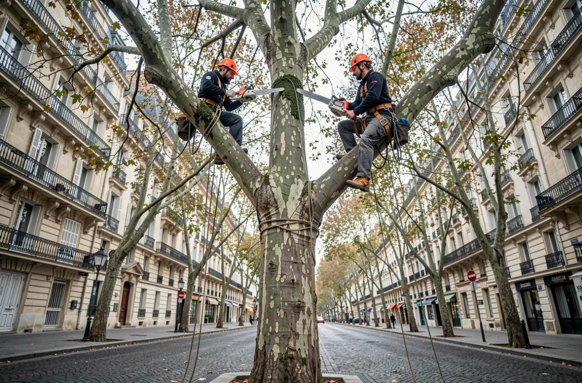 Deux élagueurs professionnels travaillant en hauteur dans un platane sur un boulevard de Bordeaux