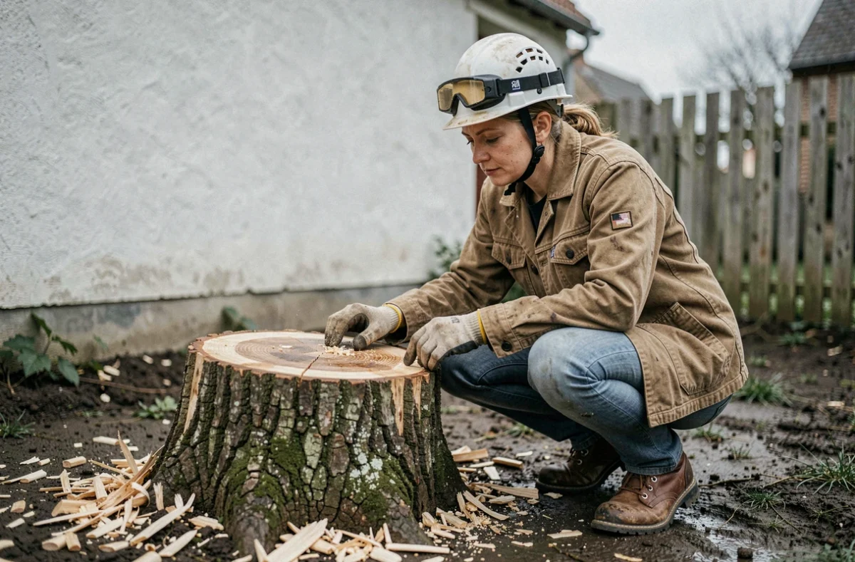 Élagueuse inspectant une souche d'arbre fraîchement coupée dans un jardin rural des Hauts-de-France
