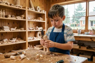 Enfant sculptant une figurine en bois avec un outil de découpe dans un atelier scolaire