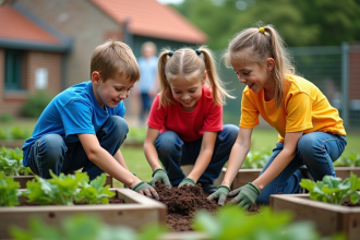 Enfants d'école primaire jardinage dans un potager coloré