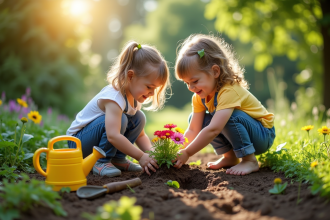 Deux jeunes enfants plantant des fleurs dans un jardin ensoleille