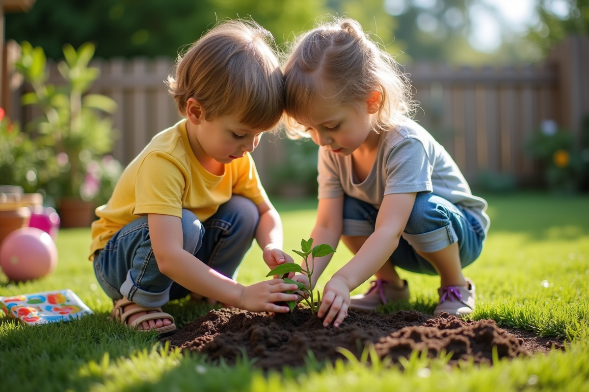 Enfants plantant des jeunes pousses dans le jardin