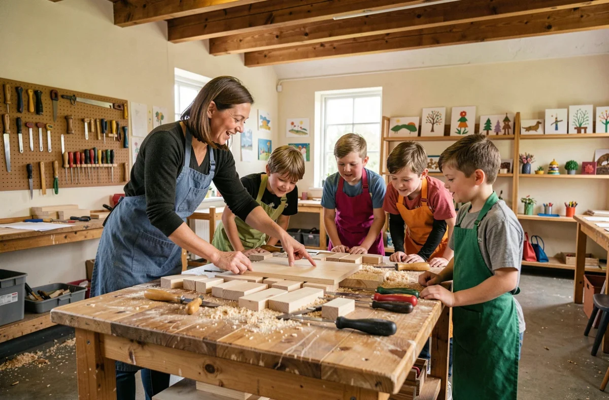 Enseignante guidant des élèves lors d'un atelier de sculpture sur bois en classe primaire