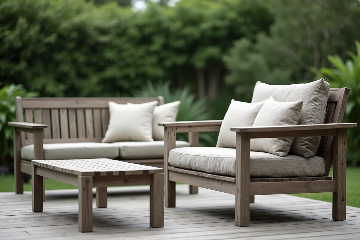 Ensemble fauteuil, table basse et banc en teck grisé sur une terrasse en bois avec coussins en lin naturel