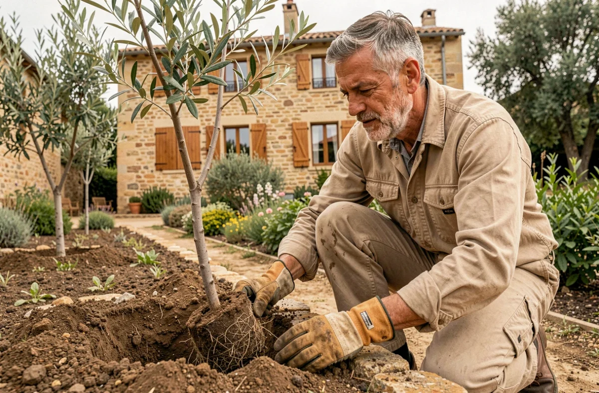 Philippe Boin paysagiste plantant un olivier dans un jardin méditerranéen devant un mas provençal dans la Drôme