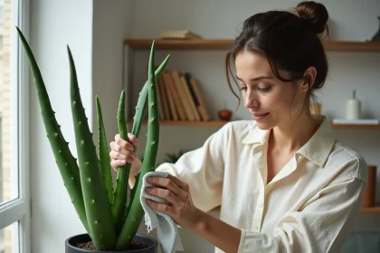 Femme entretenant une plante aloe vera dans un appartement peu lumineux