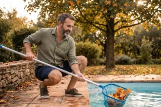 Homme entretenant sa piscine en automne en retirant les feuilles mortes avec une épuisette
