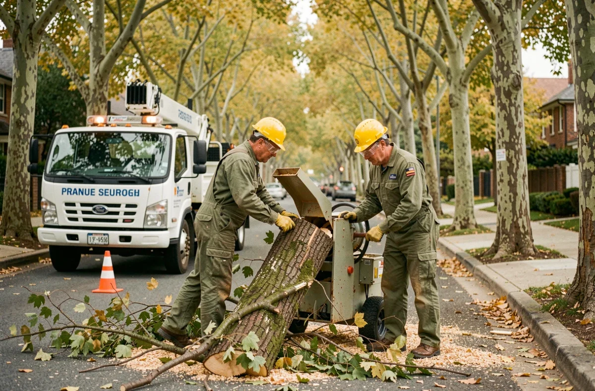 Deux élagueurs utilisant un broyeur de branches sur une rue résidentielle arborée lors d'une intervention professionnelle d'élagage urbain