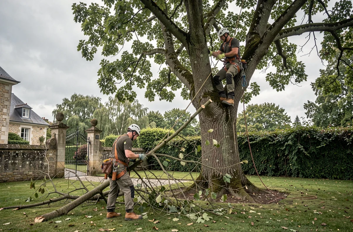 Deux élagueurs en équipement de sécurité retirant des branches d'un arbre dans le jardin d'une propriété française