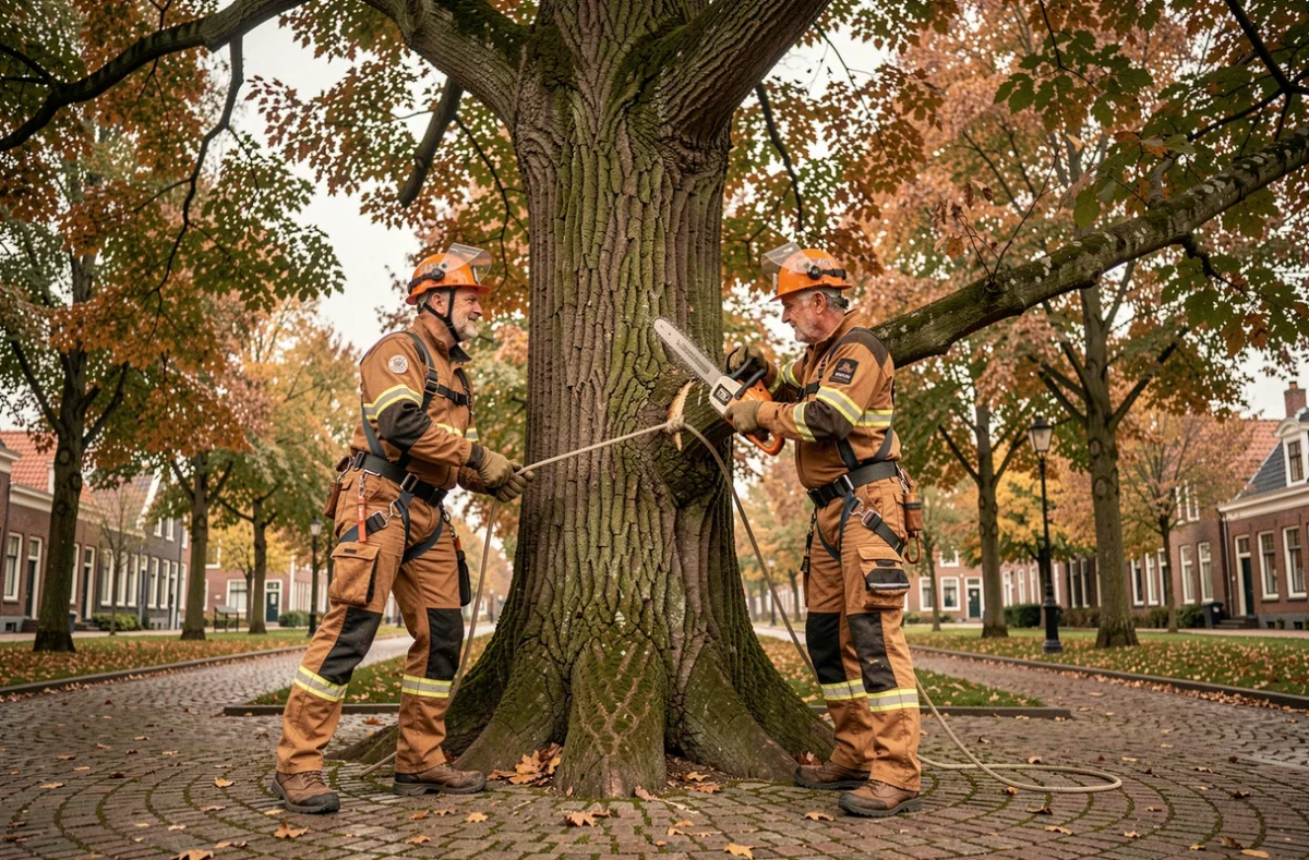 Deux élagueurs en équipement de sécurité travaillant ensemble sur un hêtre mature dans un parc urbain du Nord