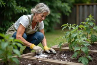 Jardinière appliquant trop de chaux au pied de plants de tomates avec des feuilles jaunissantes dans un potager