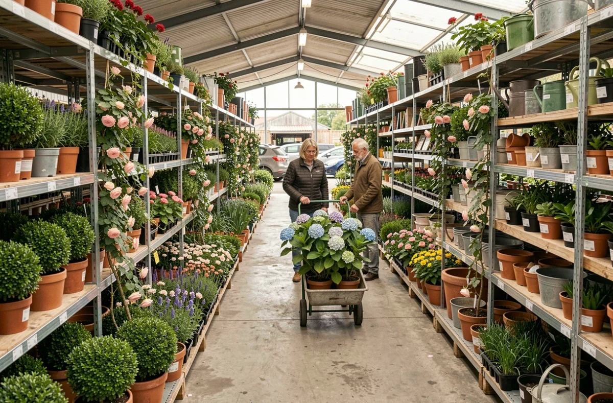 Allées extérieures de l'Espace Flore à Saint-Clément avec des hortensia et des arbustes en pots présentés sur des étagères