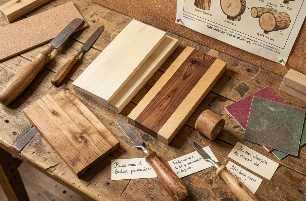 Échantillons de bois de sculpture et outils pour ateliers pédagogiques enfants disposés sur une table