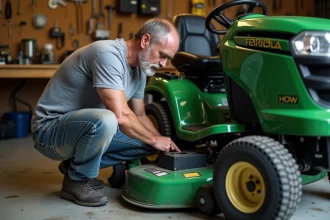 Homme examinant le mécanisme d'enclenchement de lame sous un tracteur tondeuse dans un garage