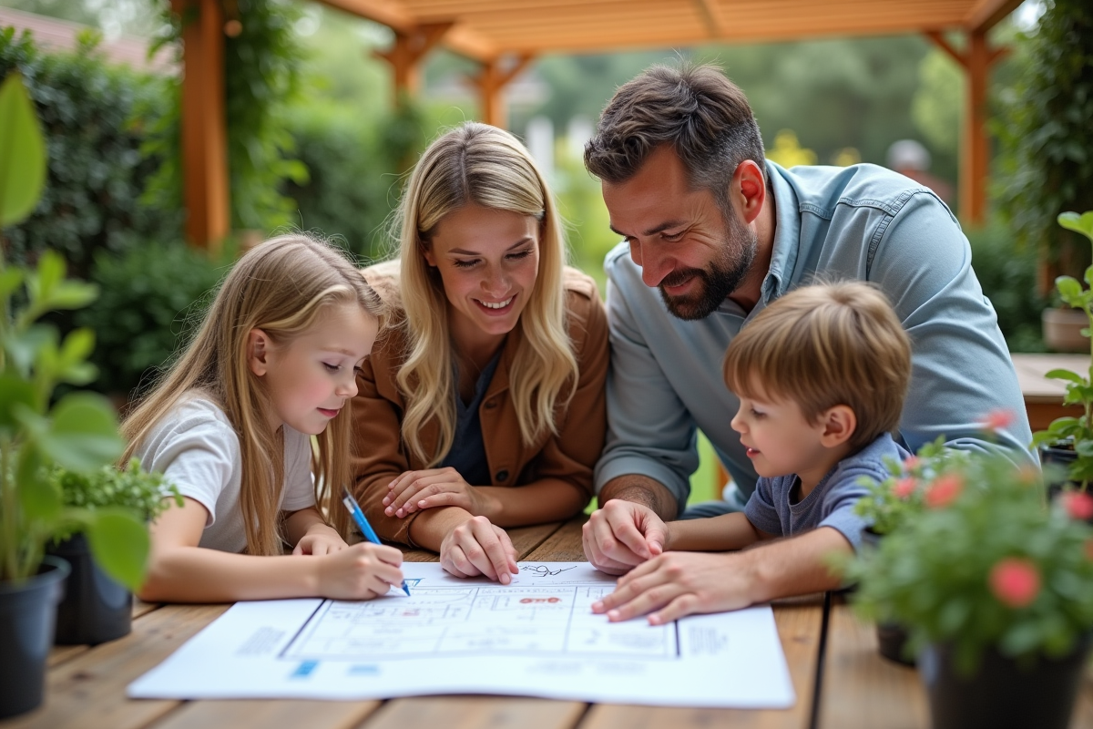 Famille planifiant leur jardin avec croquis et plantes
