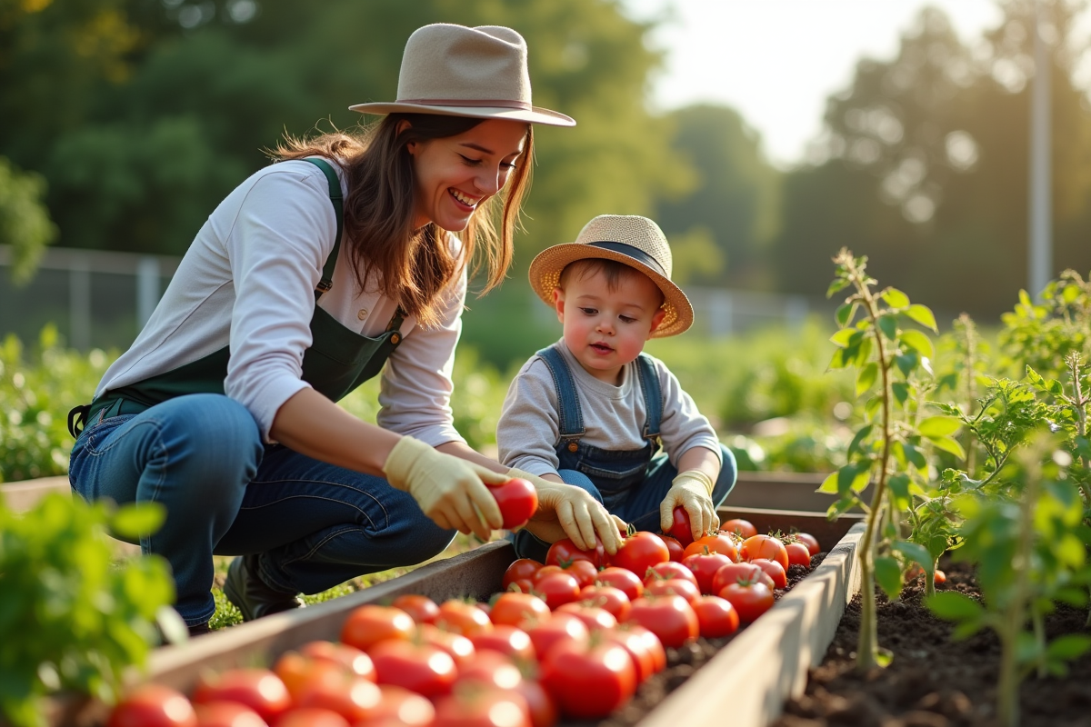 Une famille cueillant des tomates cerises dans un potager en plein air