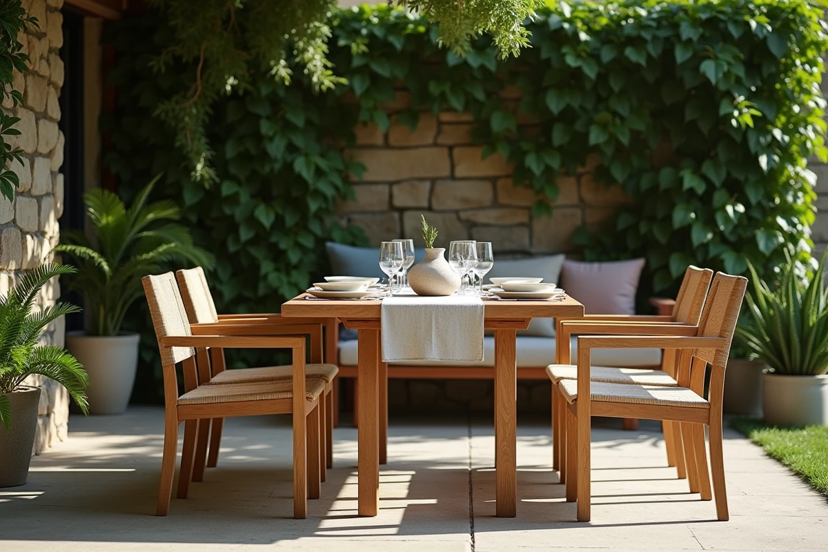Fauteuil et banc en teck doré autour d'une table de jardin dressée pour un repas en extérieur sur patio ombragé