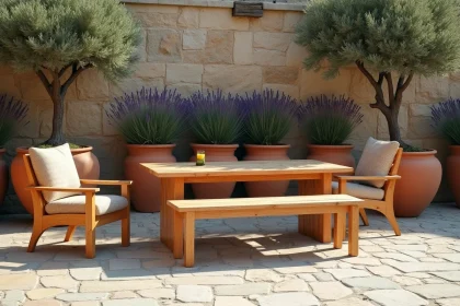 Fauteuil de jardin en teck associé à une table et un banc extérieurs sur une terrasse en pierre avec plantes méditerranéennes